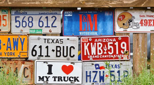Garden wall art: wooden fence wall with colourful American licence plates 