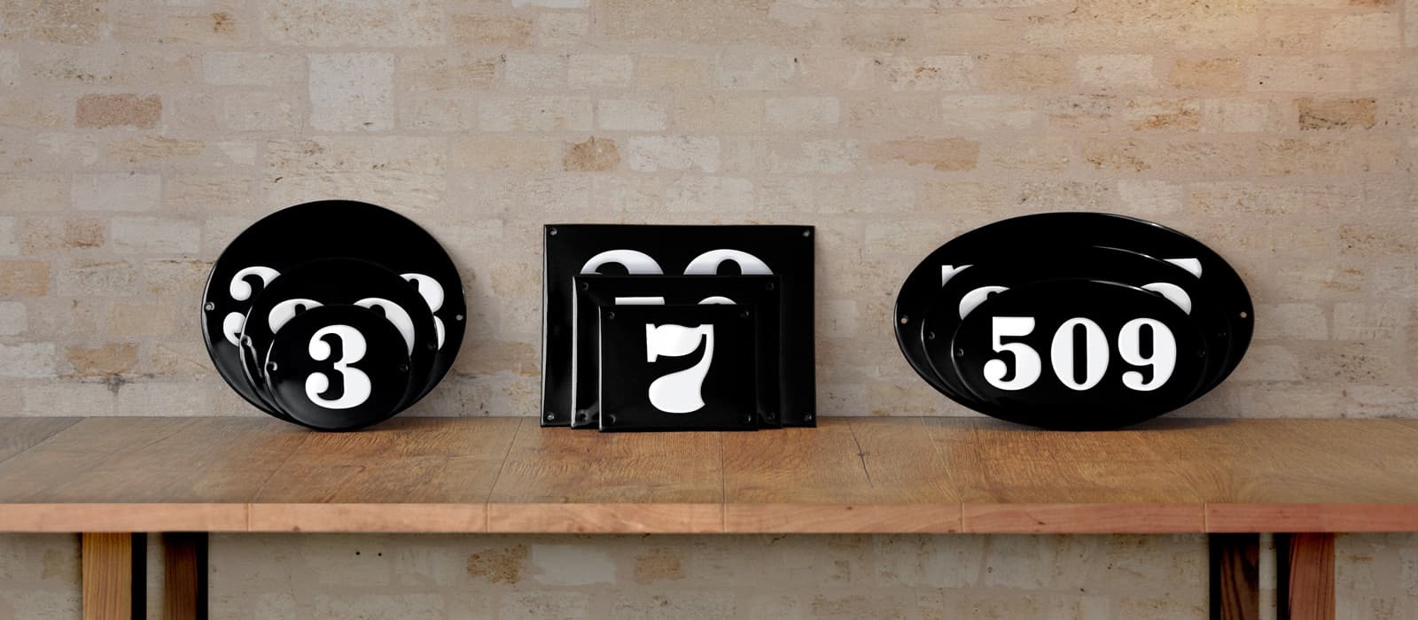 Modern black house numbers: Stacks of RAMSIGN porcelain black enamel signs